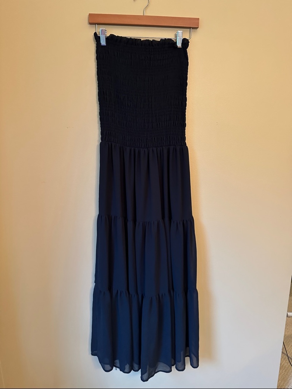 Strapless Smocked Tired Maxi Dress in Black Size Small